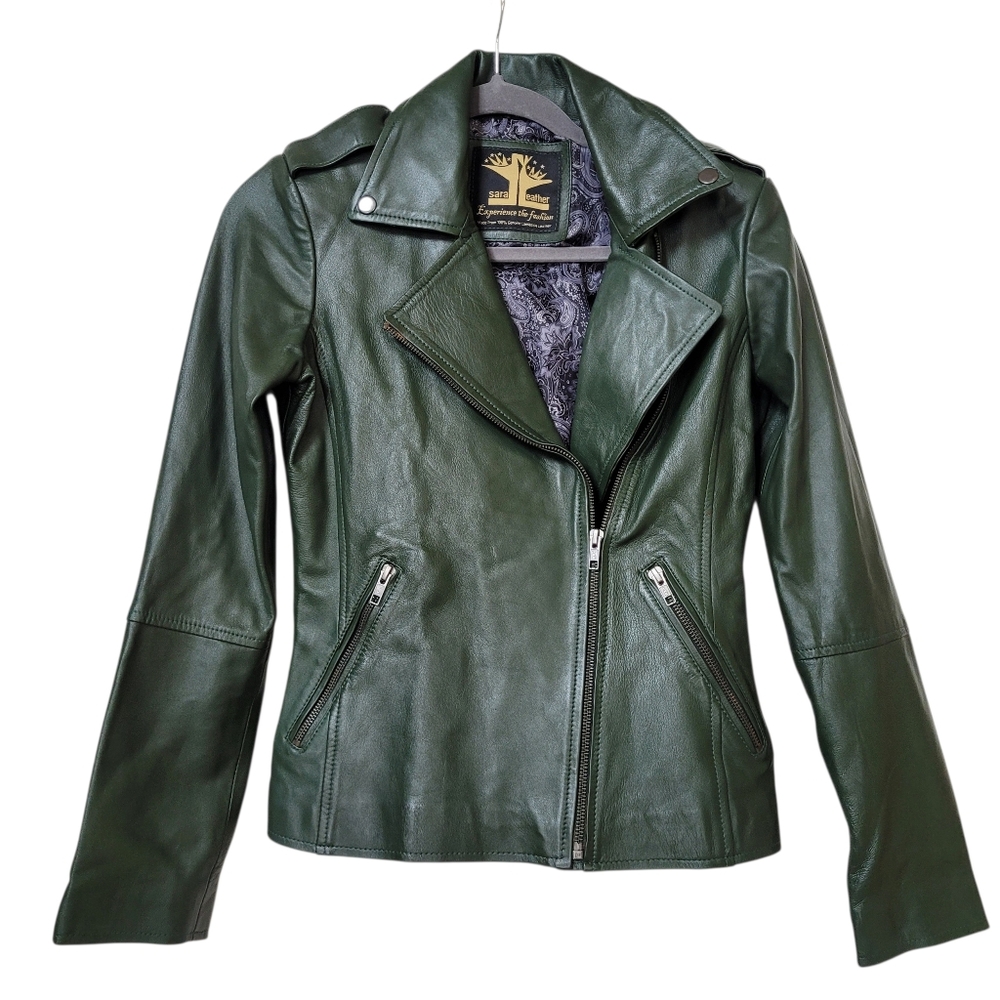Sara Leather “Experience the Fashion” 100% Genuine Lambskin Green Moto Jacket XS - Picture 2 of 15